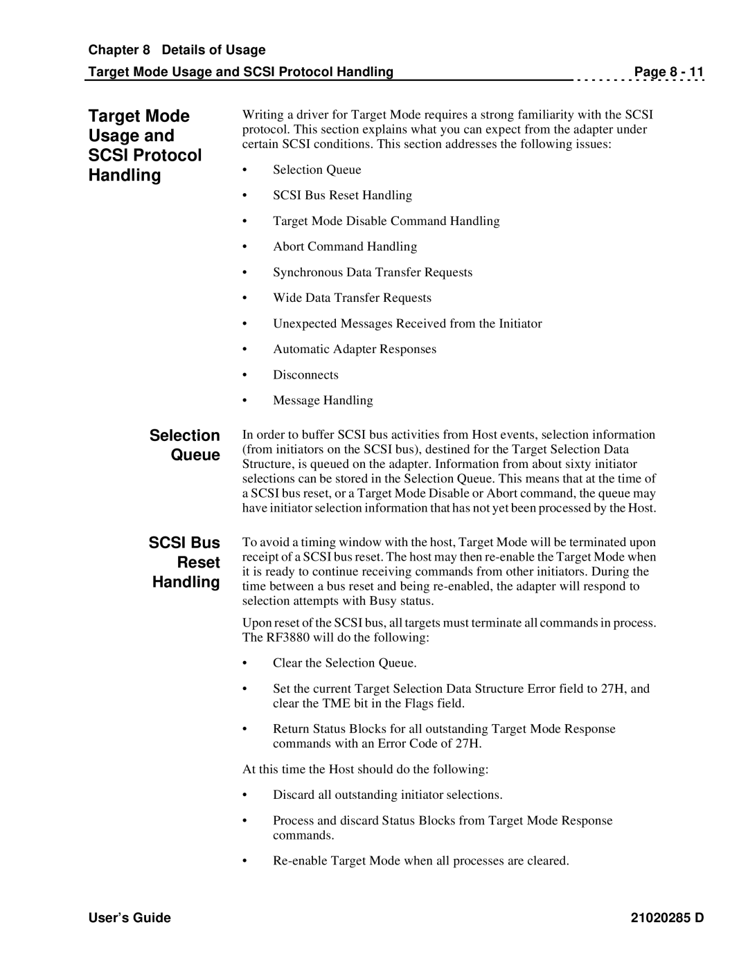 Ciprico Rimfire 3880 manual Target Mode Usage Scsi Protocol Handling, Selection Queue, Scsi Bus Reset Handling 