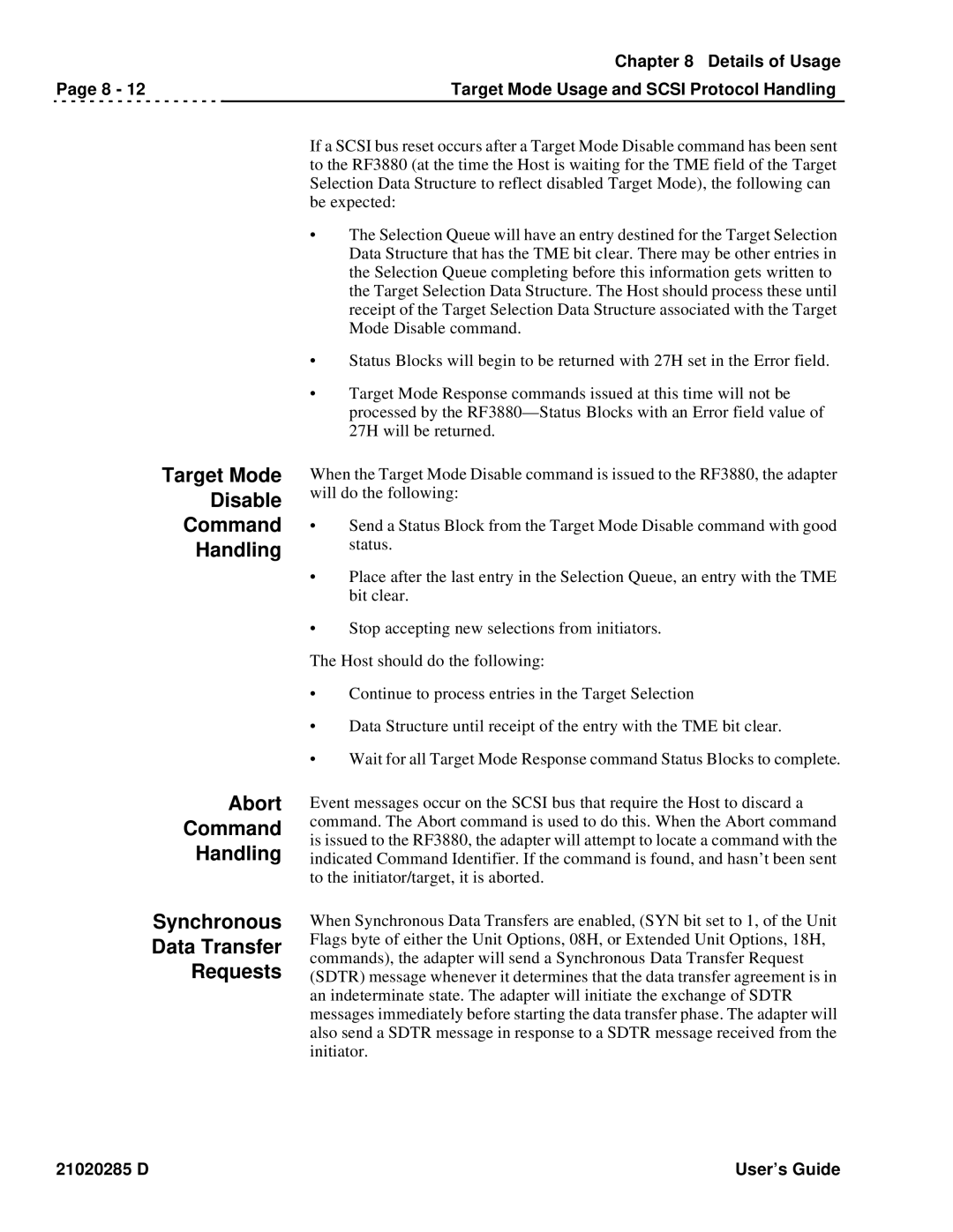 Ciprico Rimfire 3880 manual Target Mode Disable Command Handling, Abort Command Handling Synchronous Data Transfer Requests 