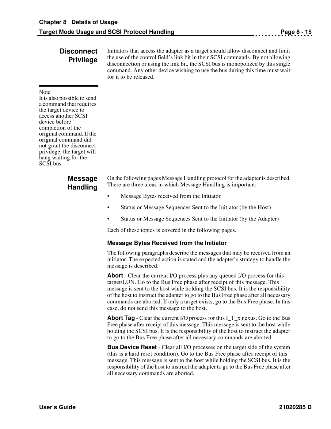 Ciprico Rimfire 3880 manual Disconnect Privilege, Message Handling, Message Bytes Received from the Initiator 