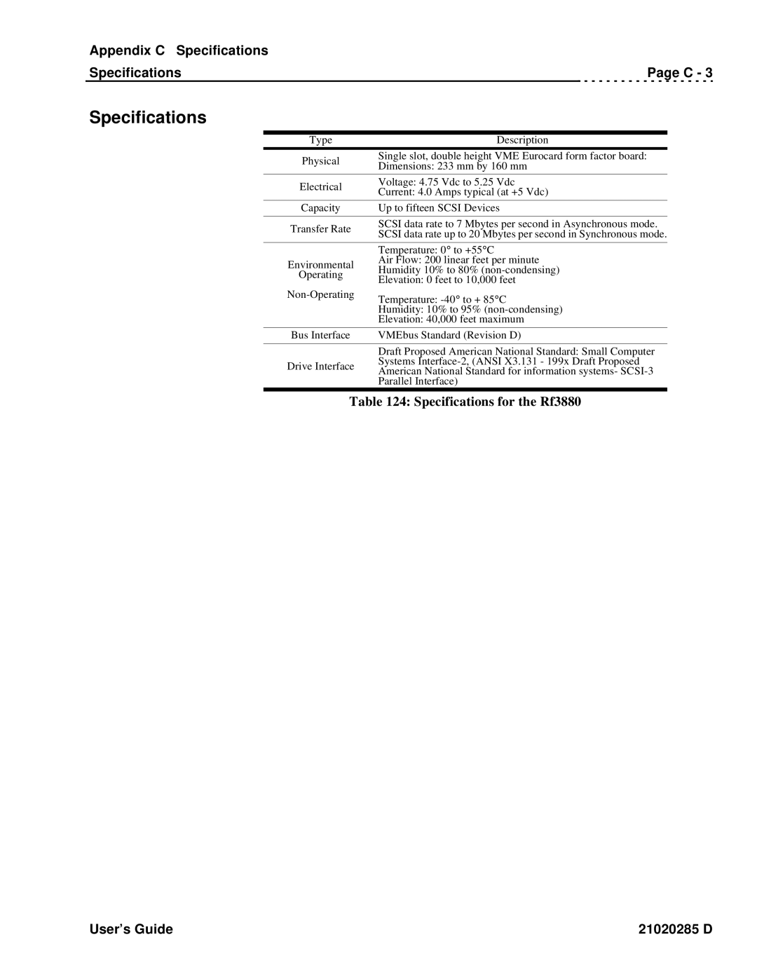 Ciprico Rimfire 3880 manual Appendix C Specifications, Specifications for the Rf3880 