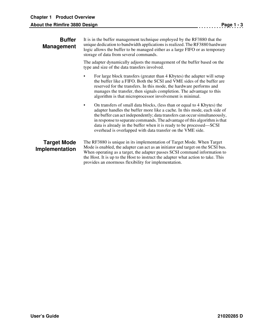 Ciprico Rimfire 3880 manual Buffer Management, Target Mode Implementation 