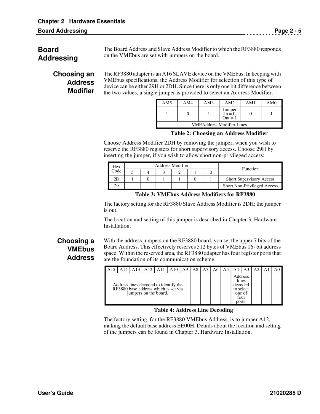 Ciprico Rimfire 3880 manual Board Addressing, Choosing an Address Modifier, Choosing a VMEbus Address 