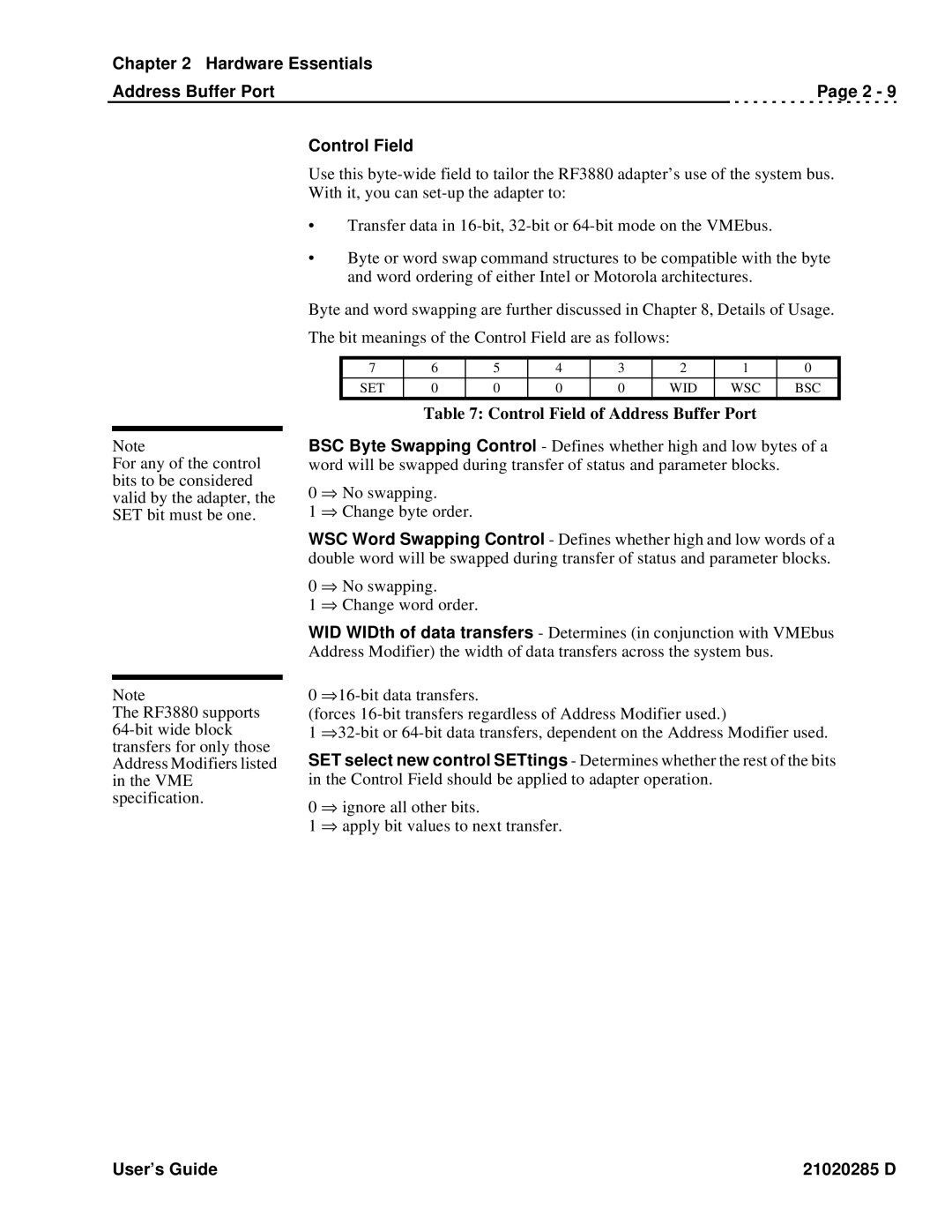 Ciprico Rimfire 3880 manual Hardware Essentials Address Buffer Port Control Field, Control Field of Address Buffer Port 