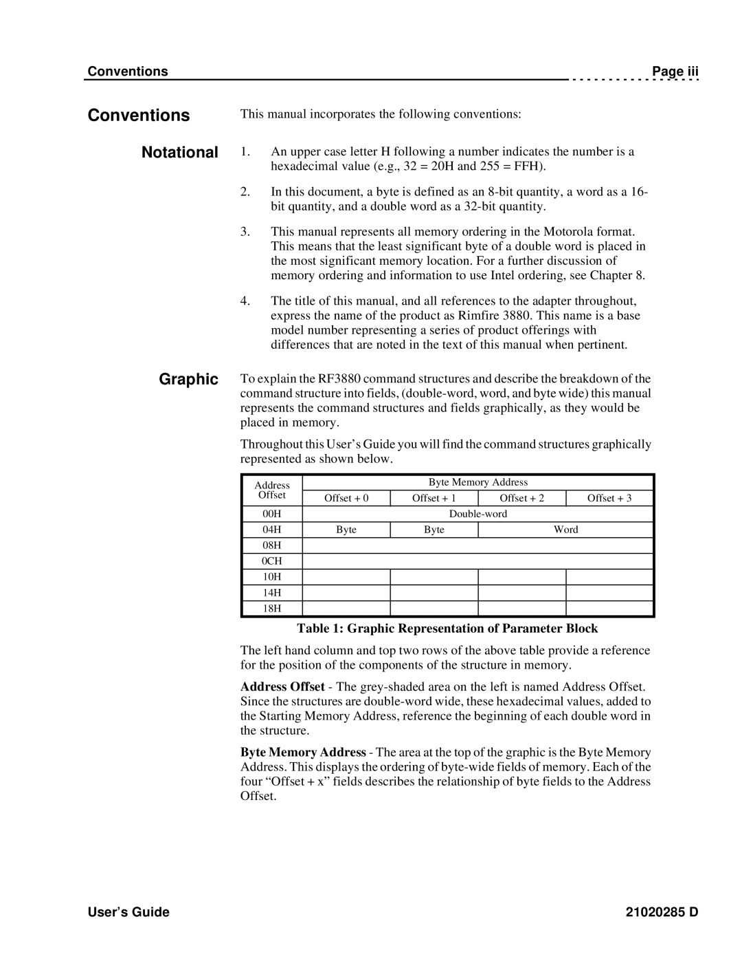 Ciprico Rimfire 3880 Conventions, Notational Graphic, Graphic Representation of Parameter Block, User’s Guide 21020285 D 