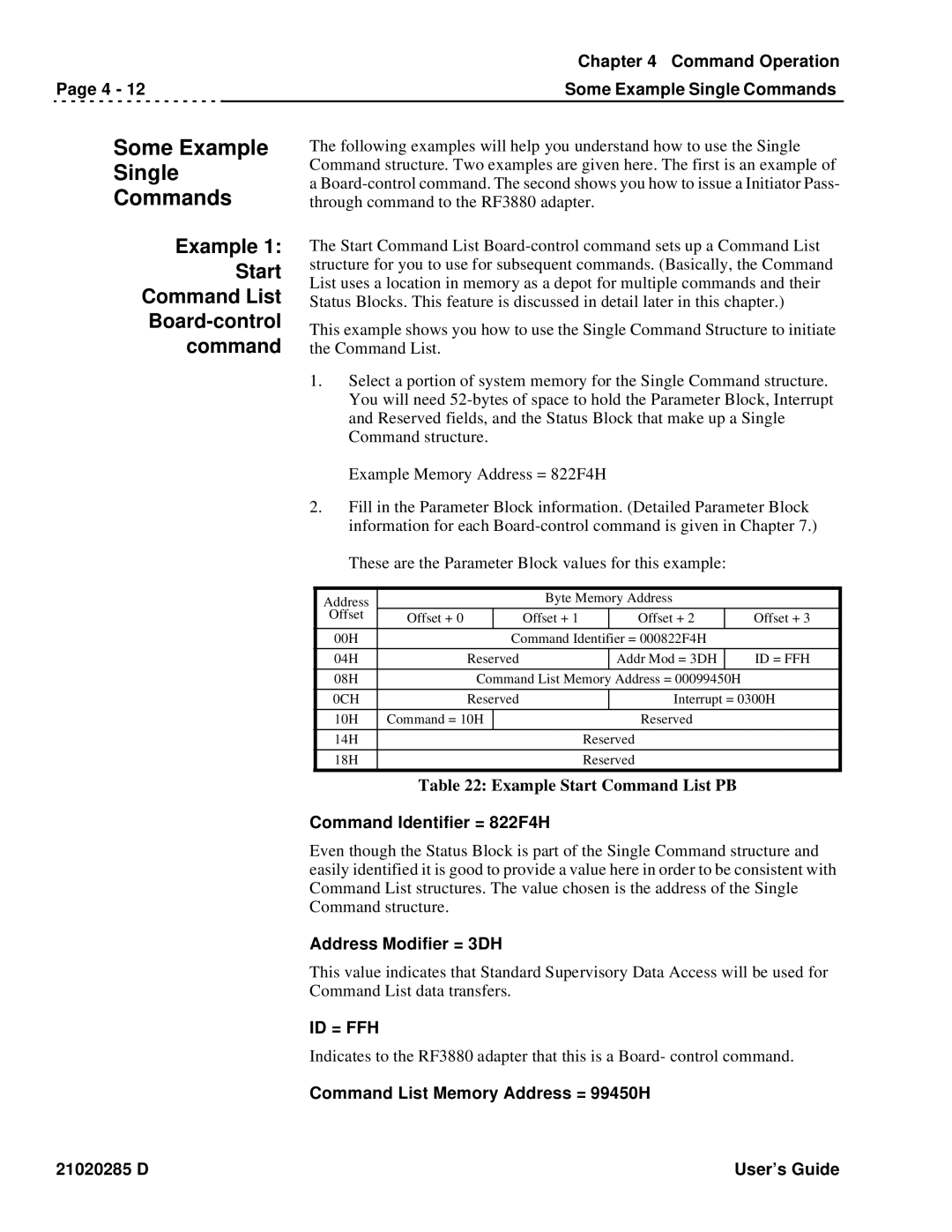 Ciprico Rimfire 3880 Some Example Single Commands, Example Start Command List Board-control, Command Identifier = 822F4H 