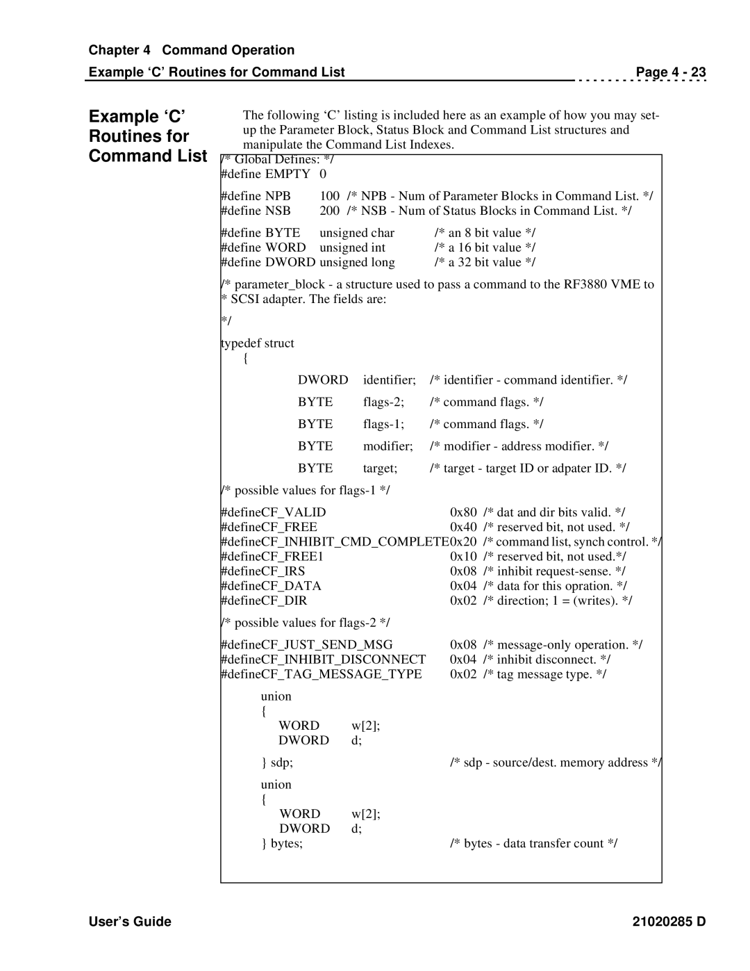 Ciprico Rimfire 3880 manual Command Operation Example ‘C’ Routines for Command List 