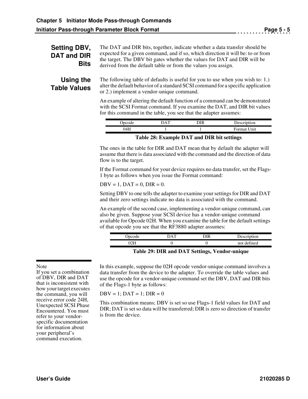 Ciprico Rimfire 3880 manual Setting DBV DAT and DIR Bits Using Table Values, Example DAT and DIR bit settings 