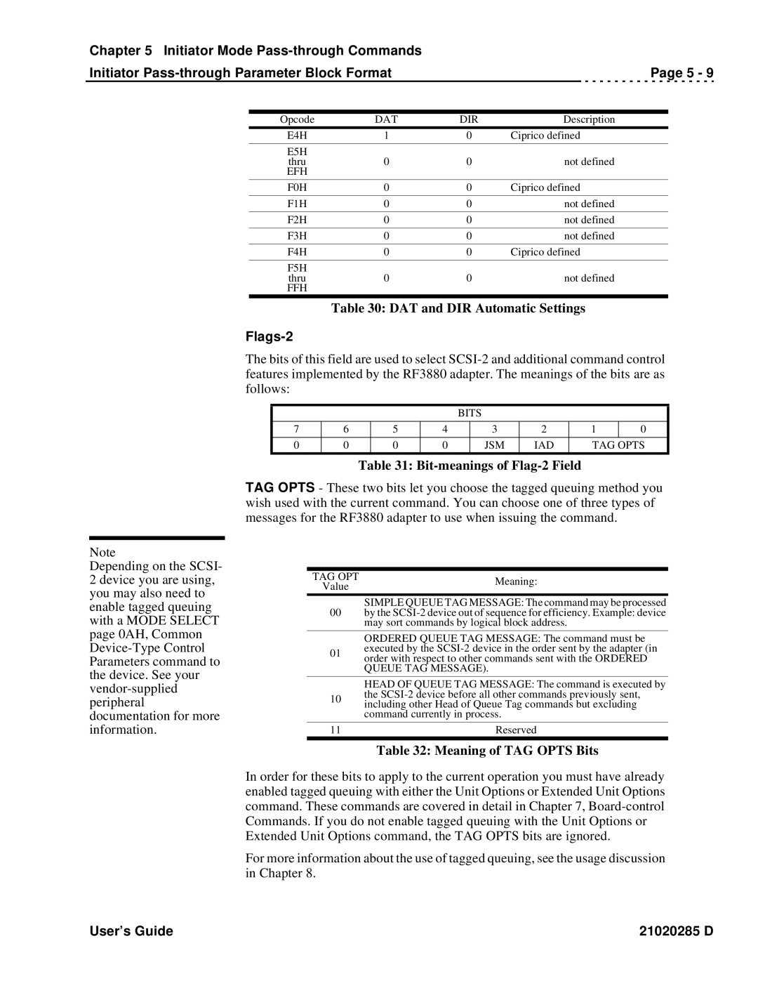 Ciprico Rimfire 3880 manual Flags-2, Bit-meanings of Flag-2 Field, Meaning of TAG Opts Bits 