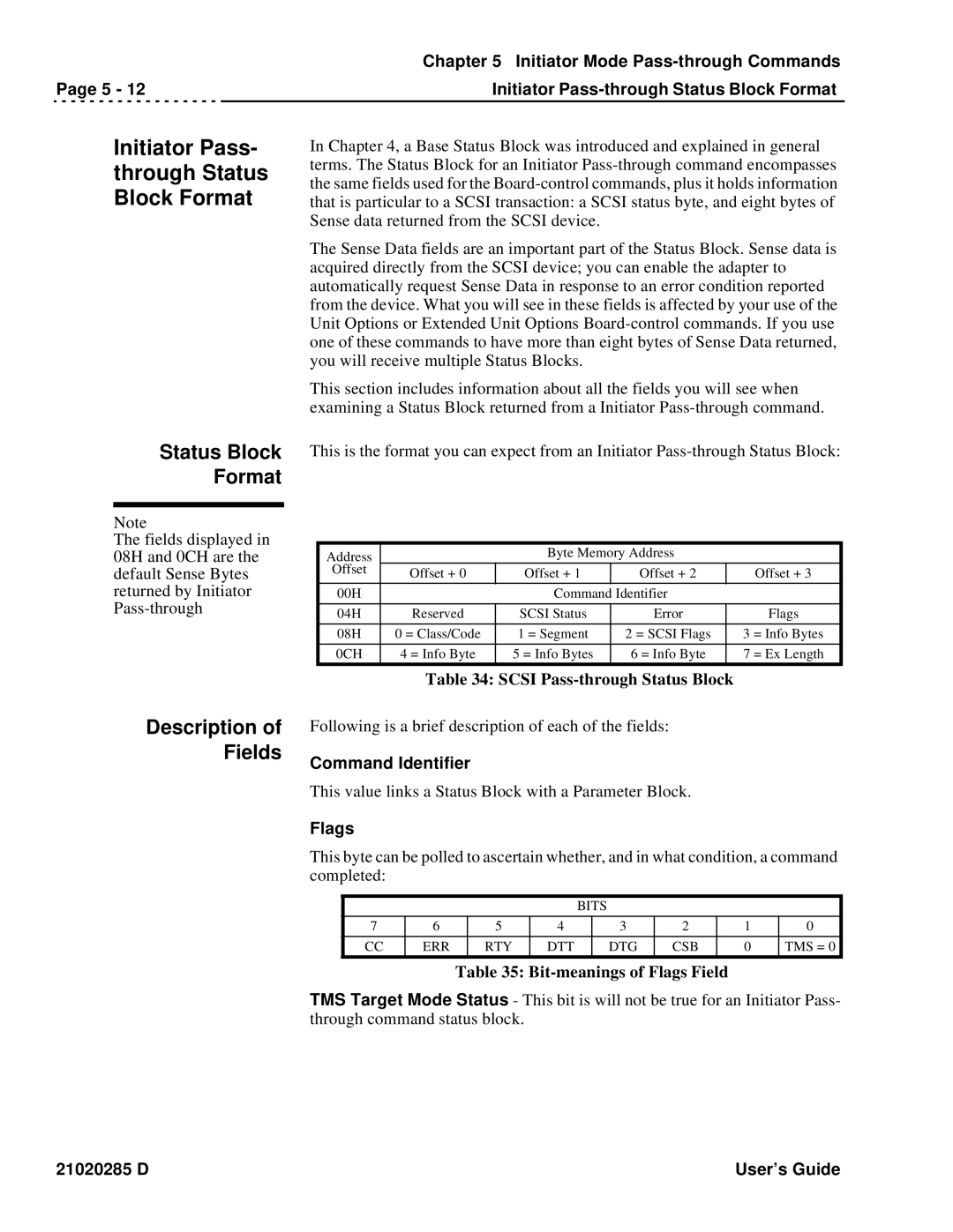 Ciprico Rimfire 3880 manual Description of Fields, Scsi Pass-through Status Block, Bit-meanings of Flags Field 