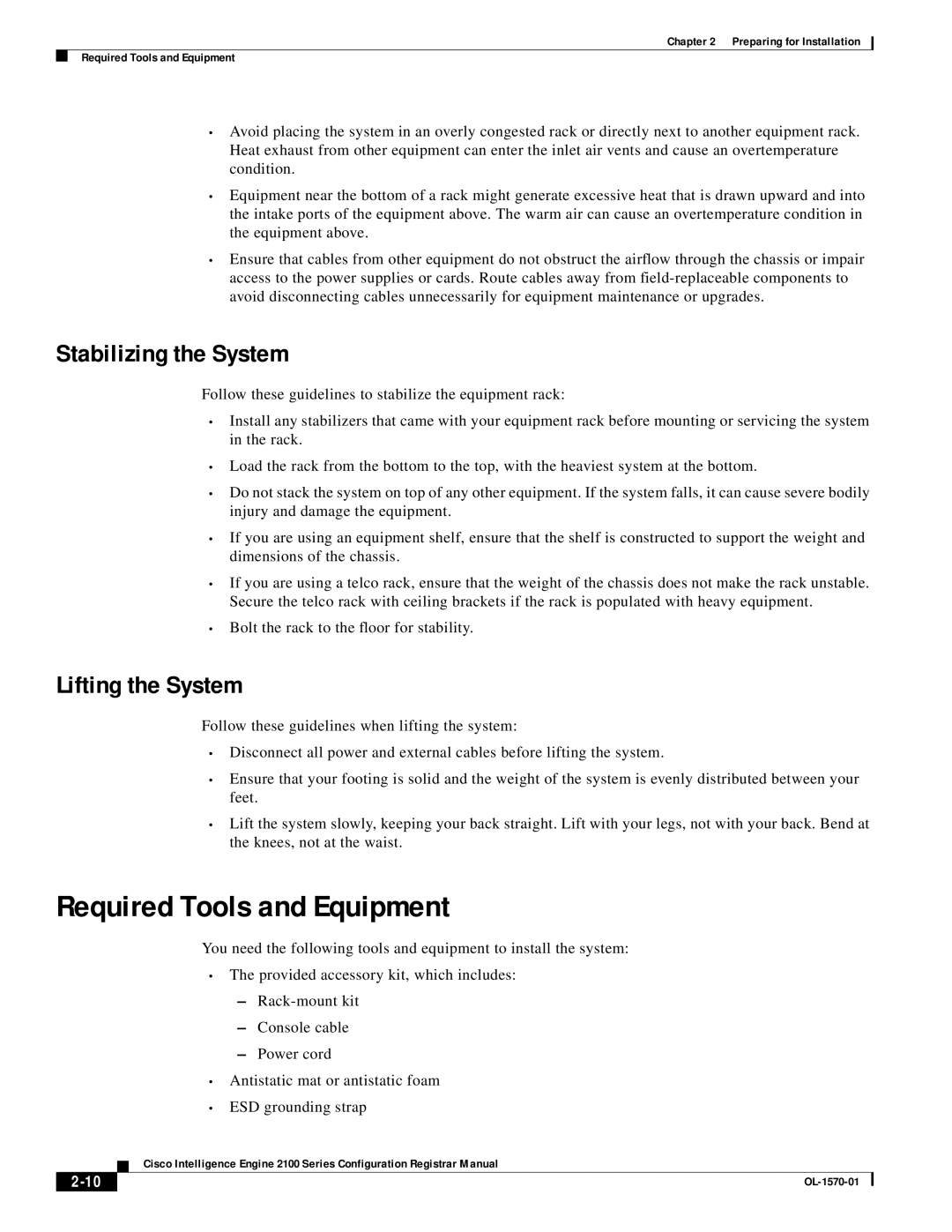 Cisco Systems 0L-1570-01, IE2100 Required Tools and Equipment, Stabilizing the System, Lifting the System 