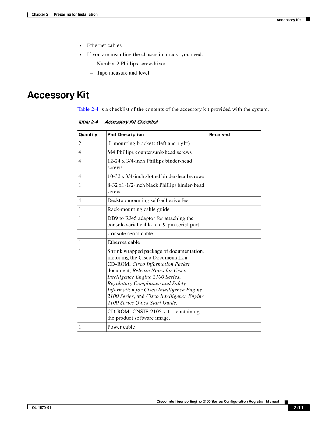 Cisco Systems IE2100, 0L-1570-01 installation instructions Accessory Kit, Quantity Part Description Received 