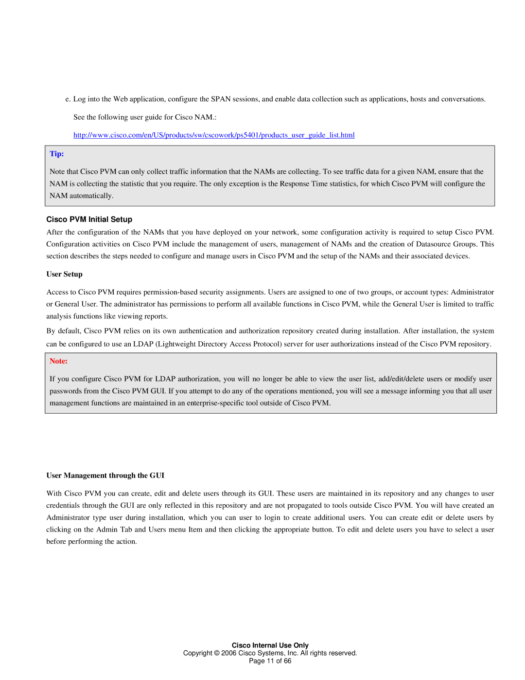 Cisco Systems 1 manual Cisco PVM Initial Setup, User Setup, User Management through the GUI 