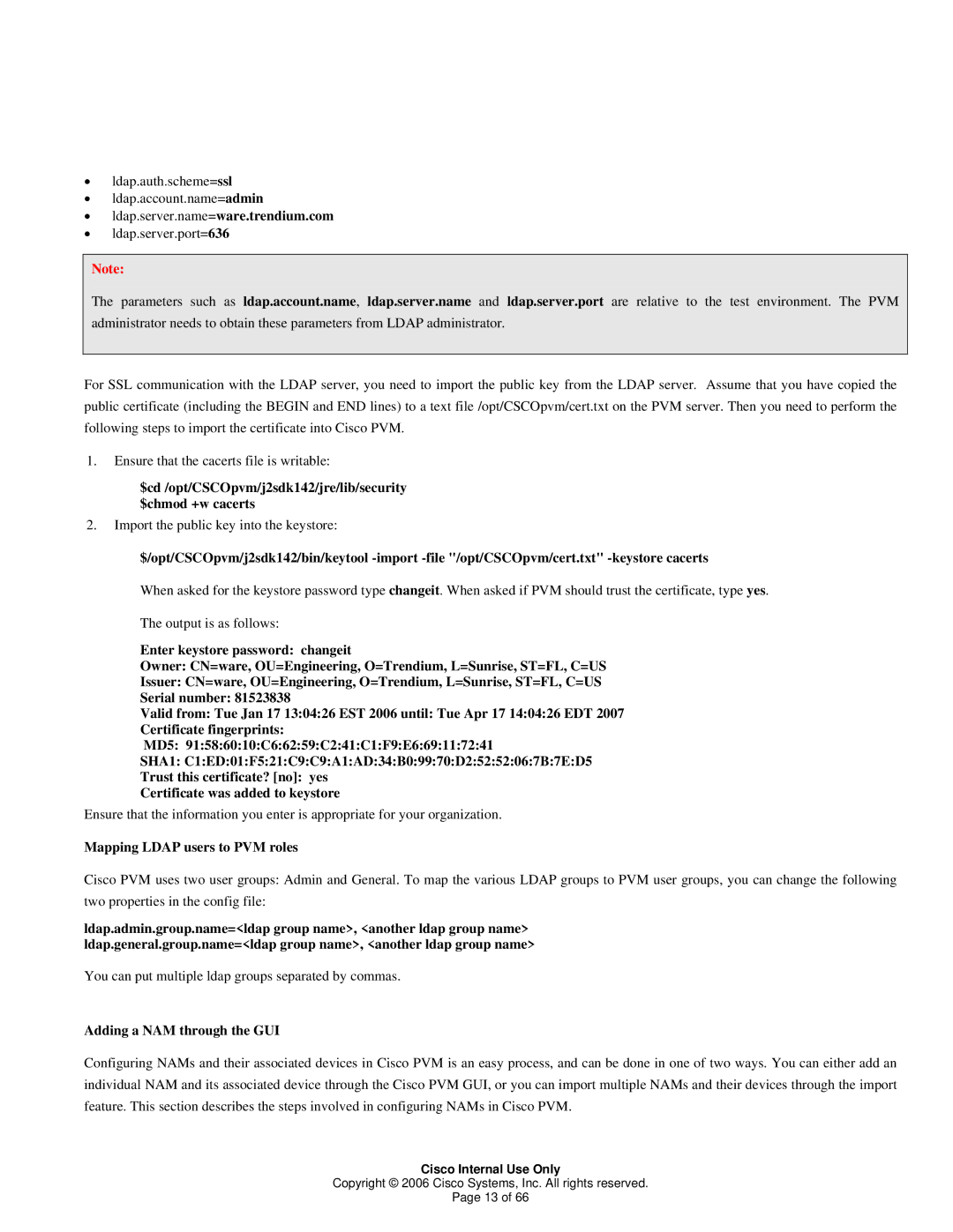 Cisco Systems 1 manual Mapping Ldap users to PVM roles, Adding a NAM through the GUI 