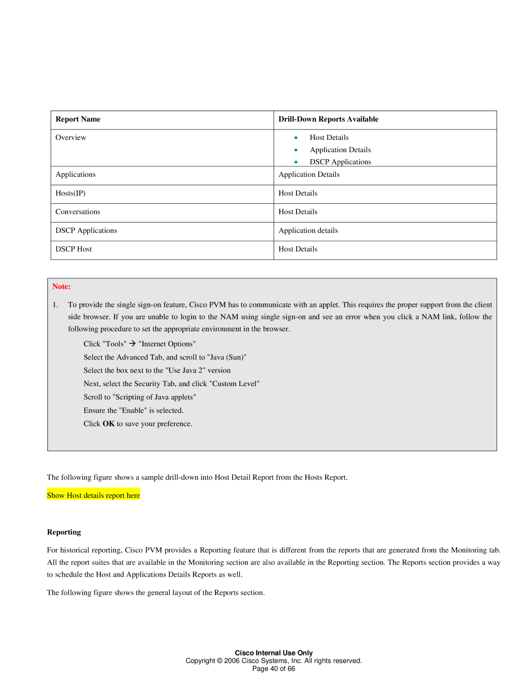 Cisco Systems 1 manual Report Name Drill-Down Reports Available, Reporting 