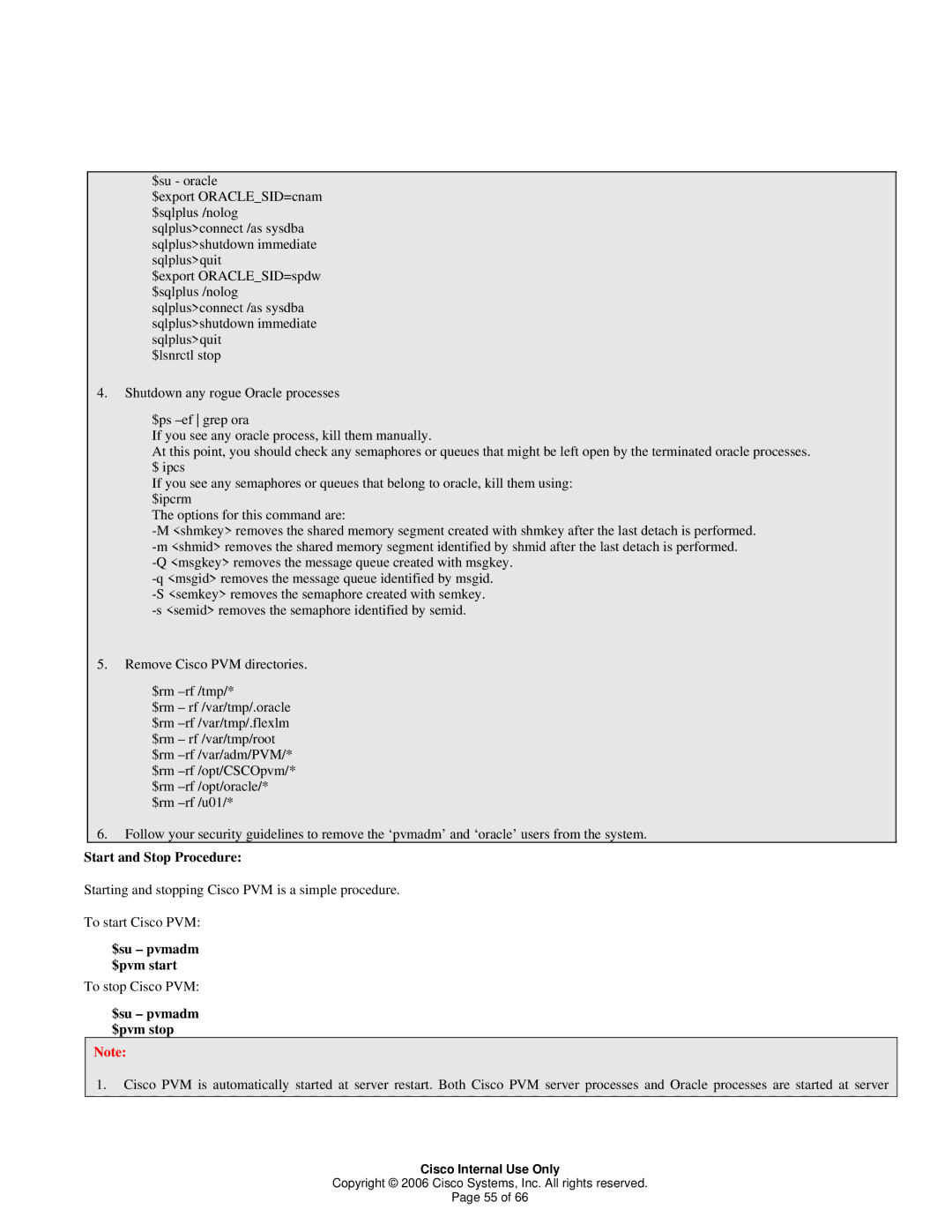 Cisco Systems 1 manual Start and Stop Procedure, $su pvmadm $pvm stop 