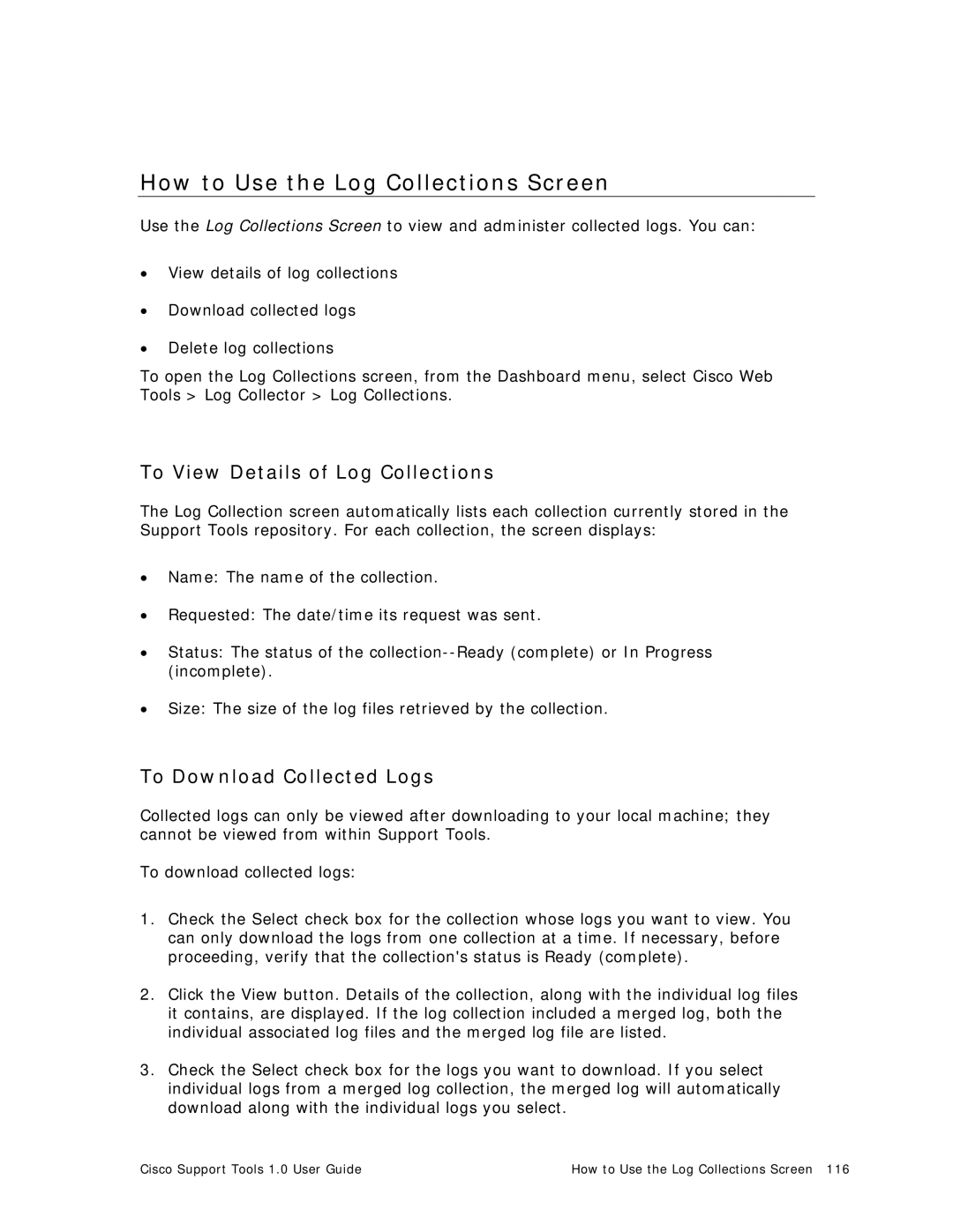Cisco Systems 1.0 (1) manual How to Use the Log Collections Screen, To View Details of Log Collections 