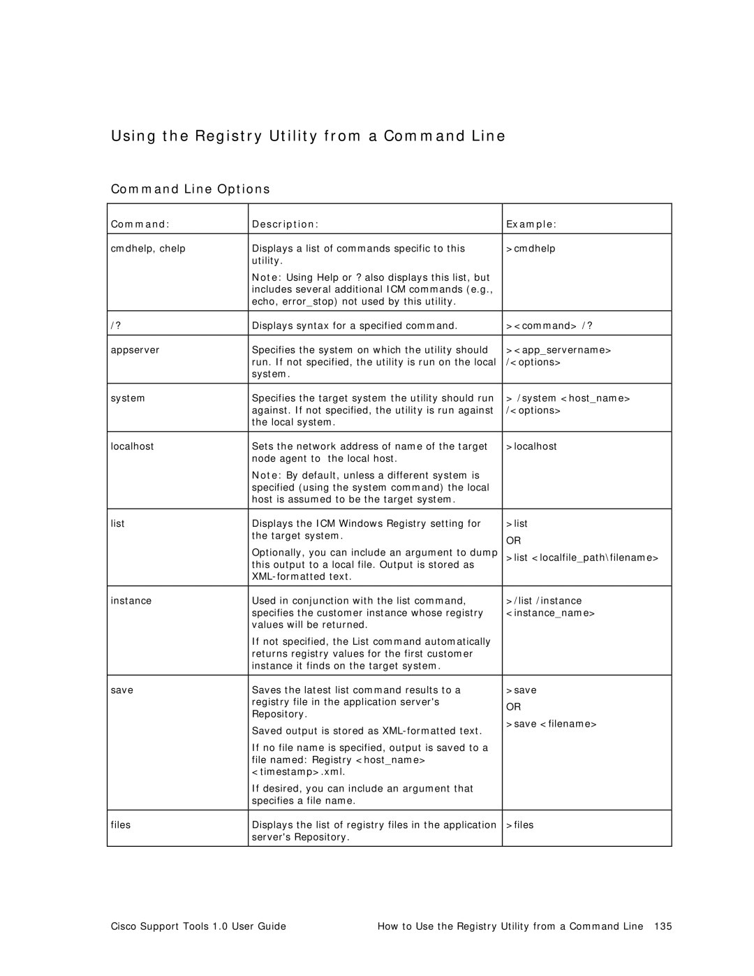 Cisco Systems 1.0 (1) manual Using the Registry Utility from a Command Line, Command Line Options 