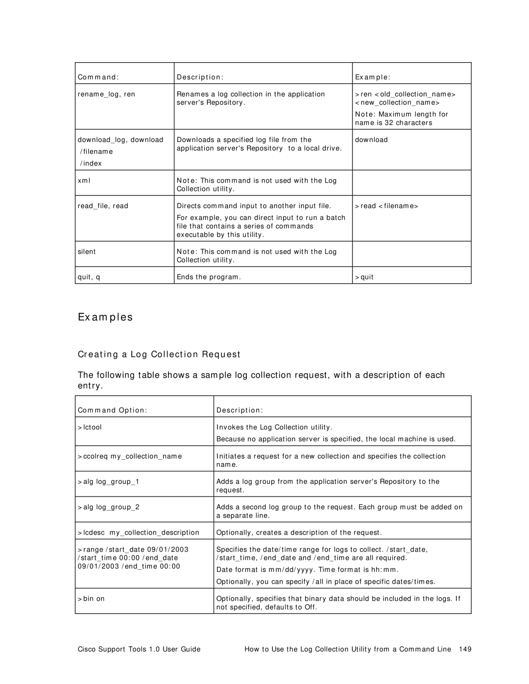 Cisco Systems 1.0 (1) manual Examples, Creating a Log Collection Request 