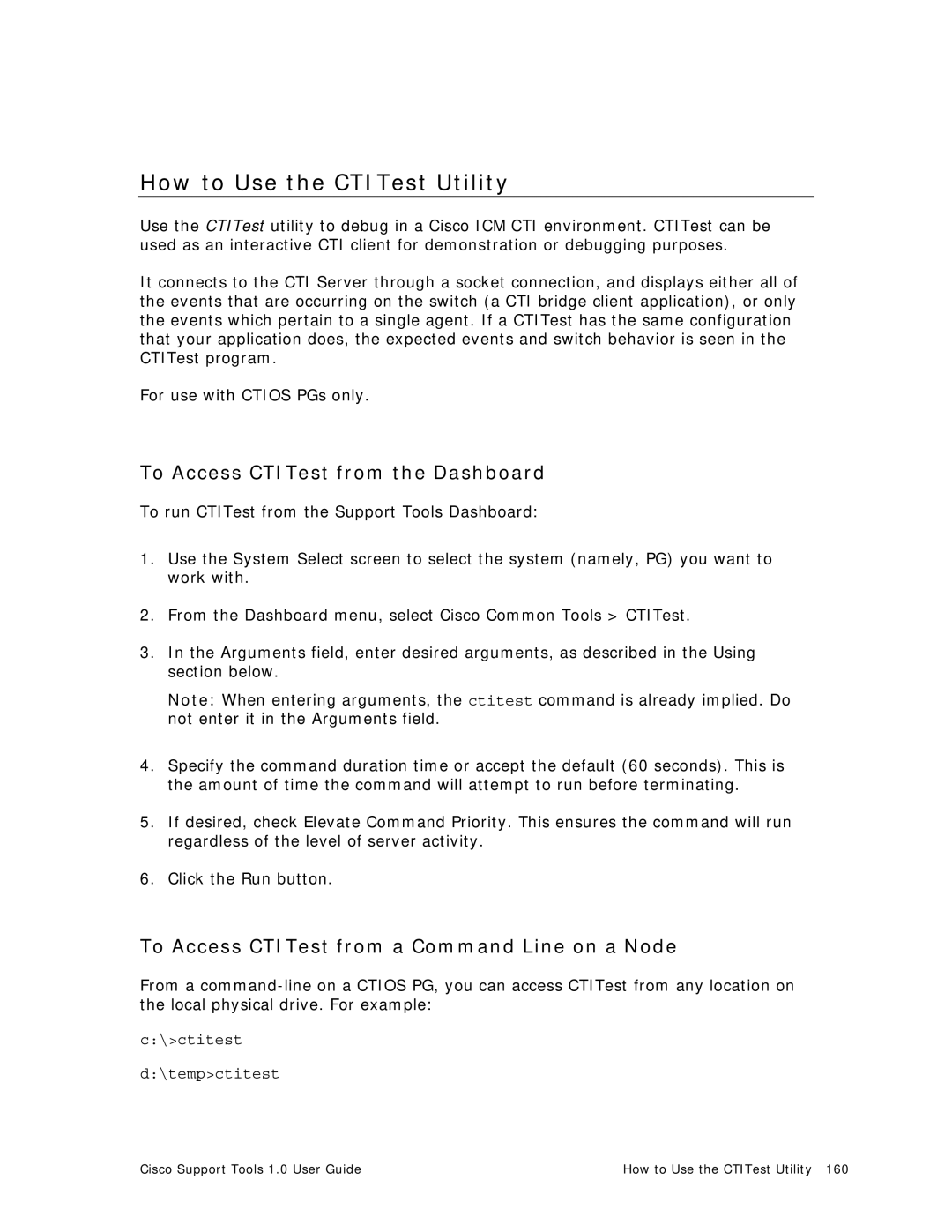 Cisco Systems 1.0 (1) manual How to Use the CTITest Utility, To Access CTITest from the Dashboard 