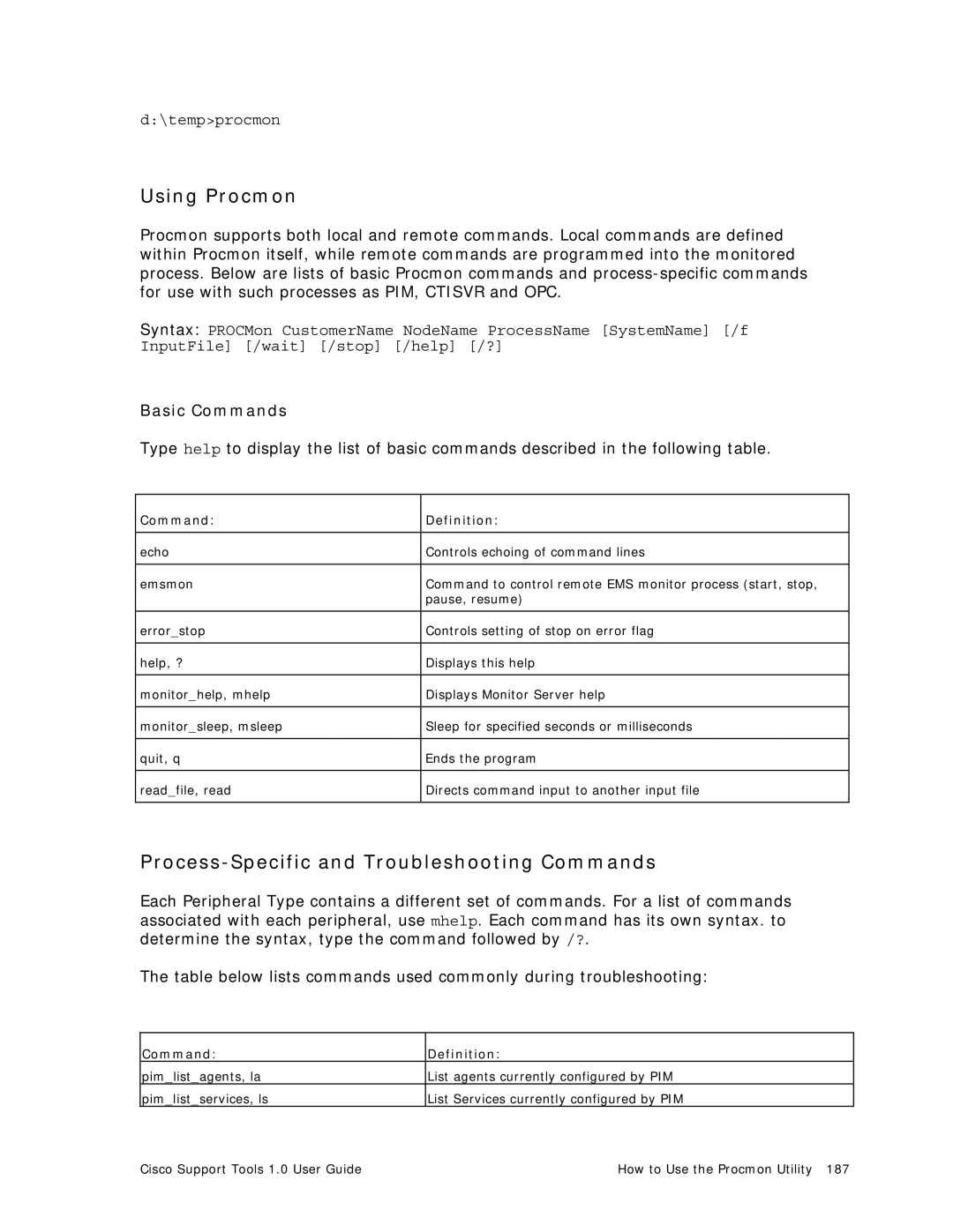 Cisco Systems 1.0 (1) manual Using Procmon, Process-Specific and Troubleshooting Commands, Basic Commands 