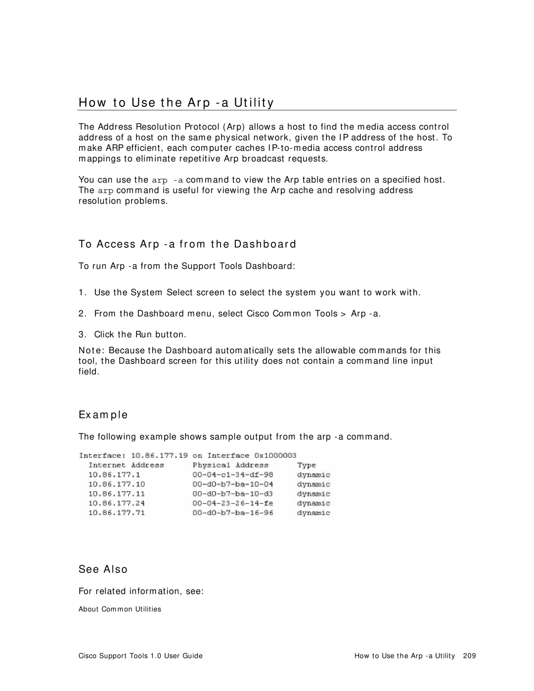 Cisco Systems 1.0 (1) manual How to Use the Arp -a Utility, To Access Arp -a from the Dashboard, Example 