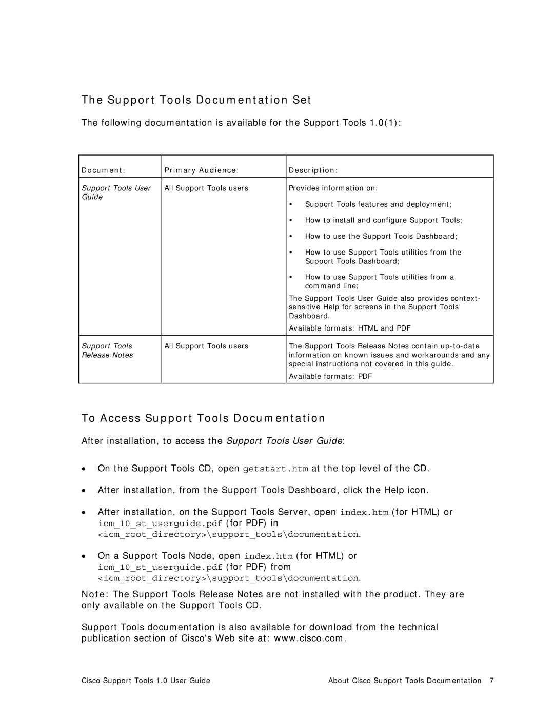 Cisco Systems 1.0 (1) manual Support Tools Documentation Set, To Access Support Tools Documentation 