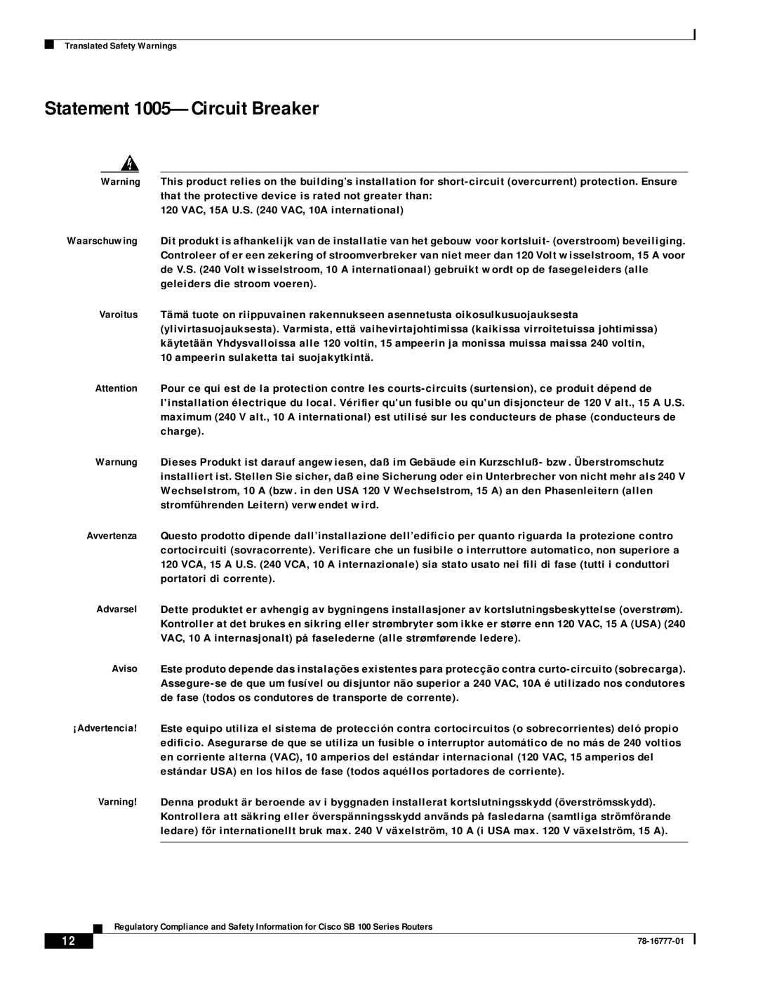 Cisco Systems 100 Series manual Statement 1005-Circuit Breaker 