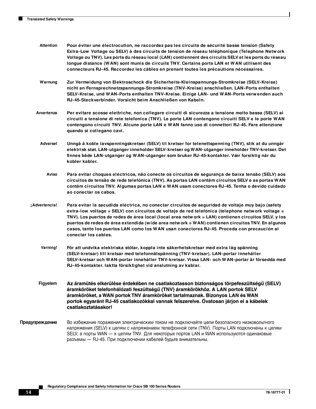 Cisco Systems 100 Series manual Translated Safety Warnings 