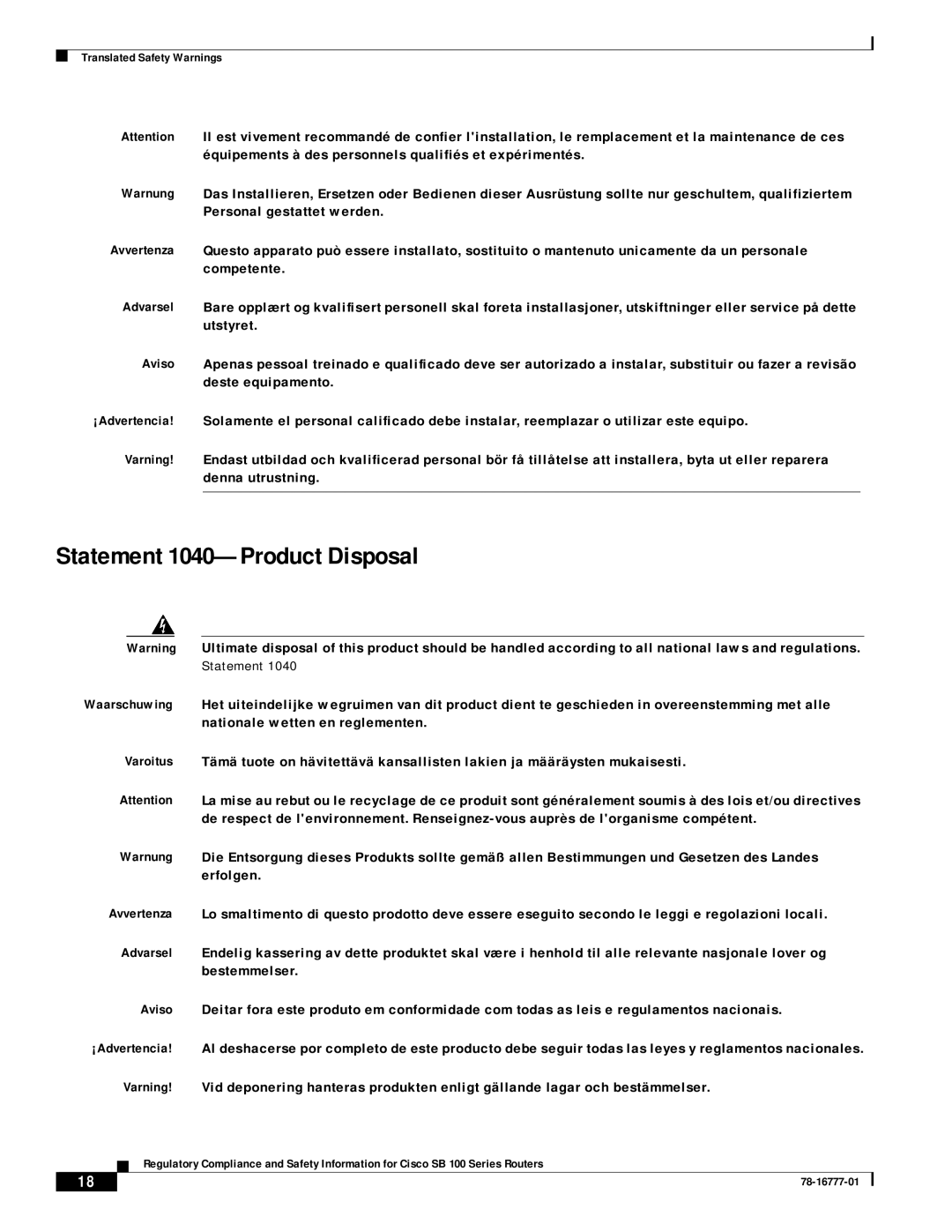 Cisco Systems 100 Series manual Statement 1040-Product Disposal 