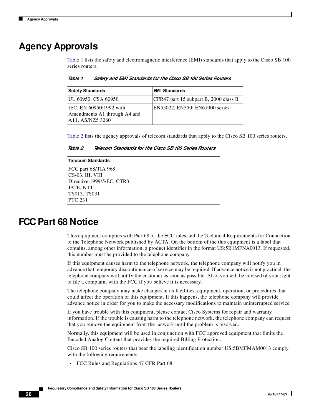 Cisco Systems 100 Series manual Agency Approvals, FCC Part 68 Notice 