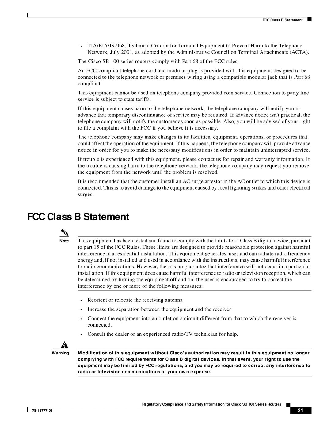 Cisco Systems 100 Series manual FCC Class B Statement 