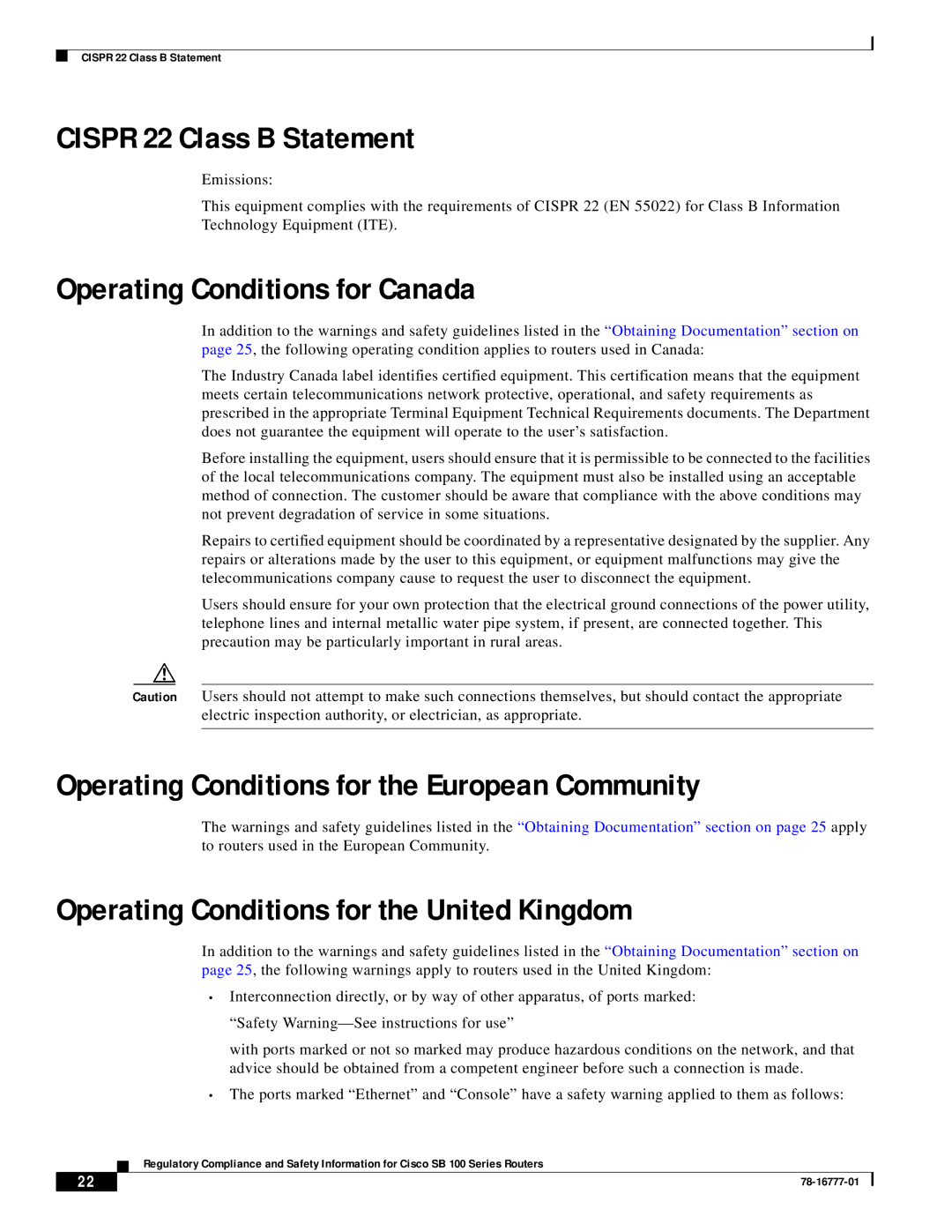 Cisco Systems 100 Series manual Cispr 22 Class B Statement, Operating Conditions for Canada 