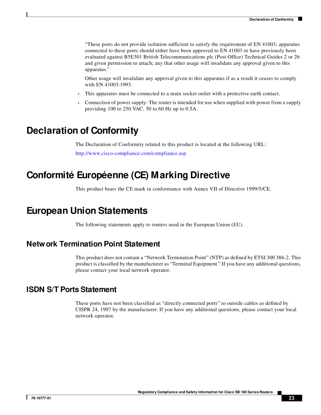 Cisco Systems 100 Series Declaration of Conformity, Conformité Européenne CE Marking Directive, European Union Statements 