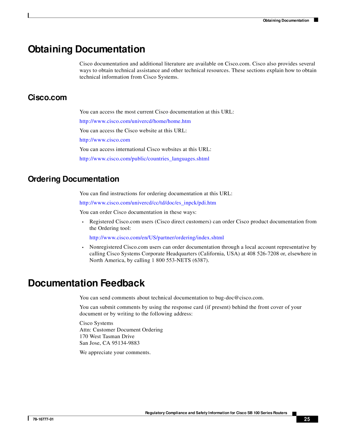 Cisco Systems 100 Series manual Obtaining Documentation, Documentation Feedback, Cisco.com, Ordering Documentation 