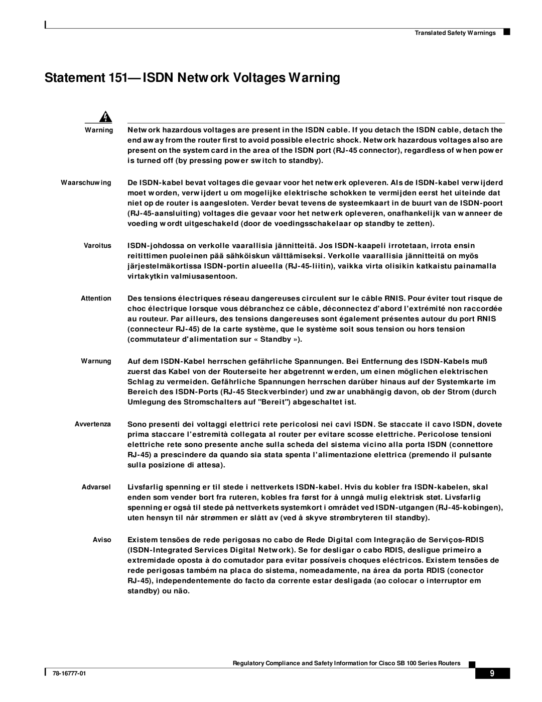 Cisco Systems 100 Series manual Statement 151-ISDN Network Voltages Warning 