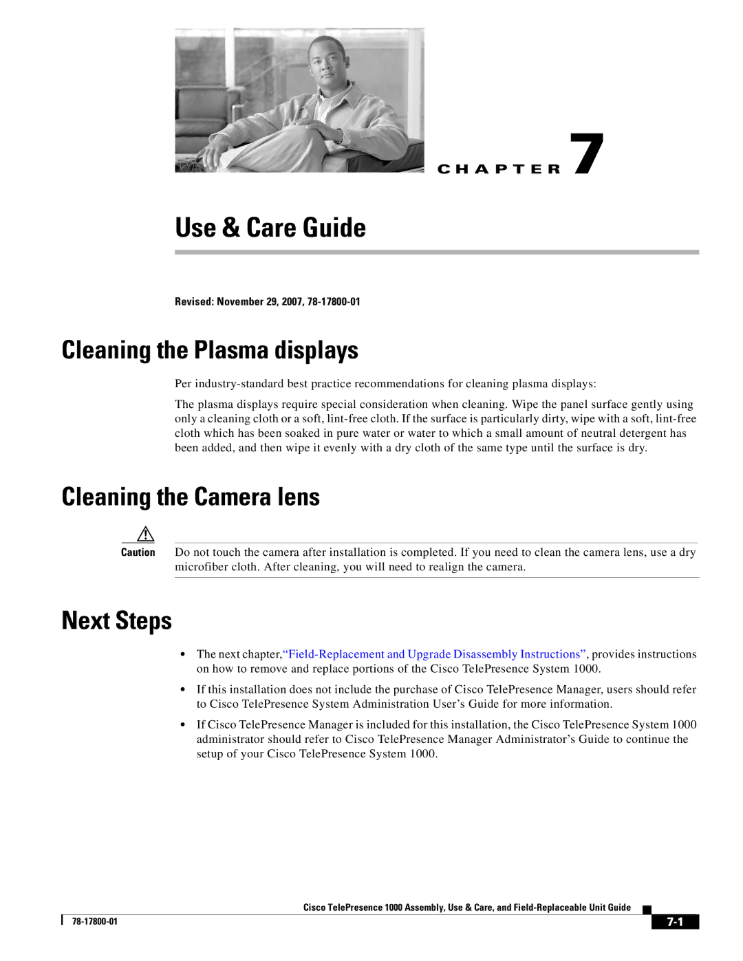 Cisco Systems 1000 manual Use & Care Guide, Cleaning the Plasma displays, Cleaning the Camera lens Next Steps 