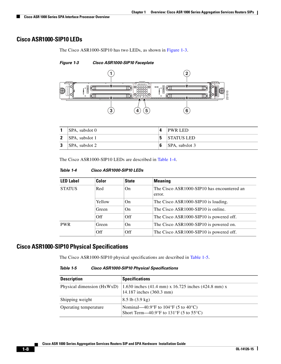 Cisco Systems Cisco ASR1000-SIP10 LEDs, Cisco ASR1000-SIP10 Physical Specifications, LED Label Color State Meaning 