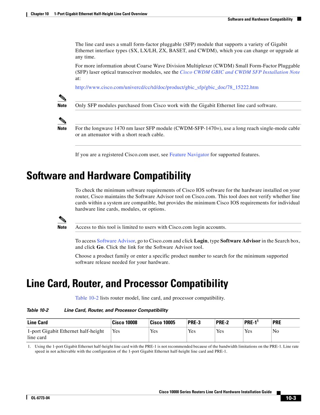 Cisco Systems 10000 Series Software and Hardware Compatibility, Line Card, Router, and Processor Compatibility, 10-3 