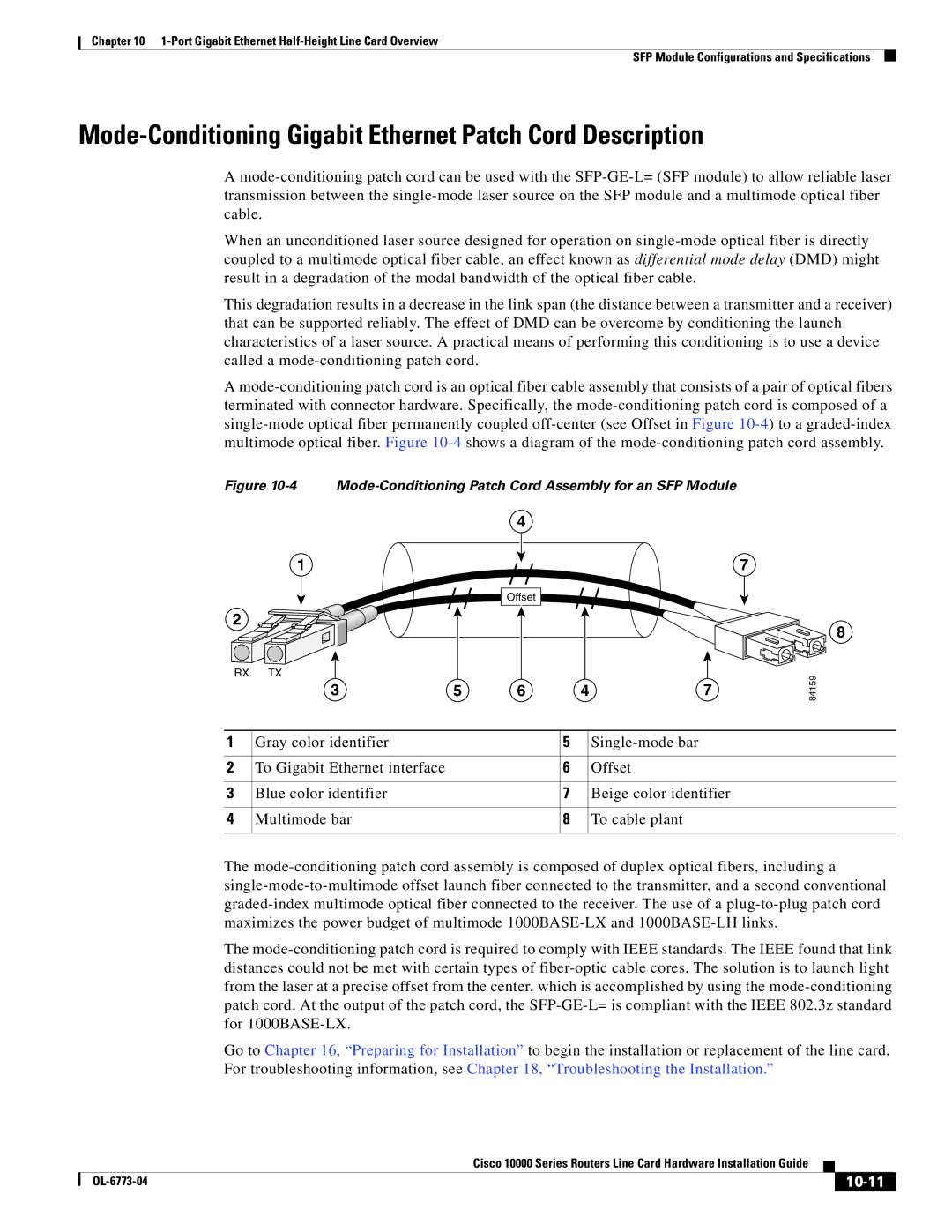 Cisco Systems 10000 Series specifications Mode-Conditioning Gigabit Ethernet Patch Cord Description, 10-11 