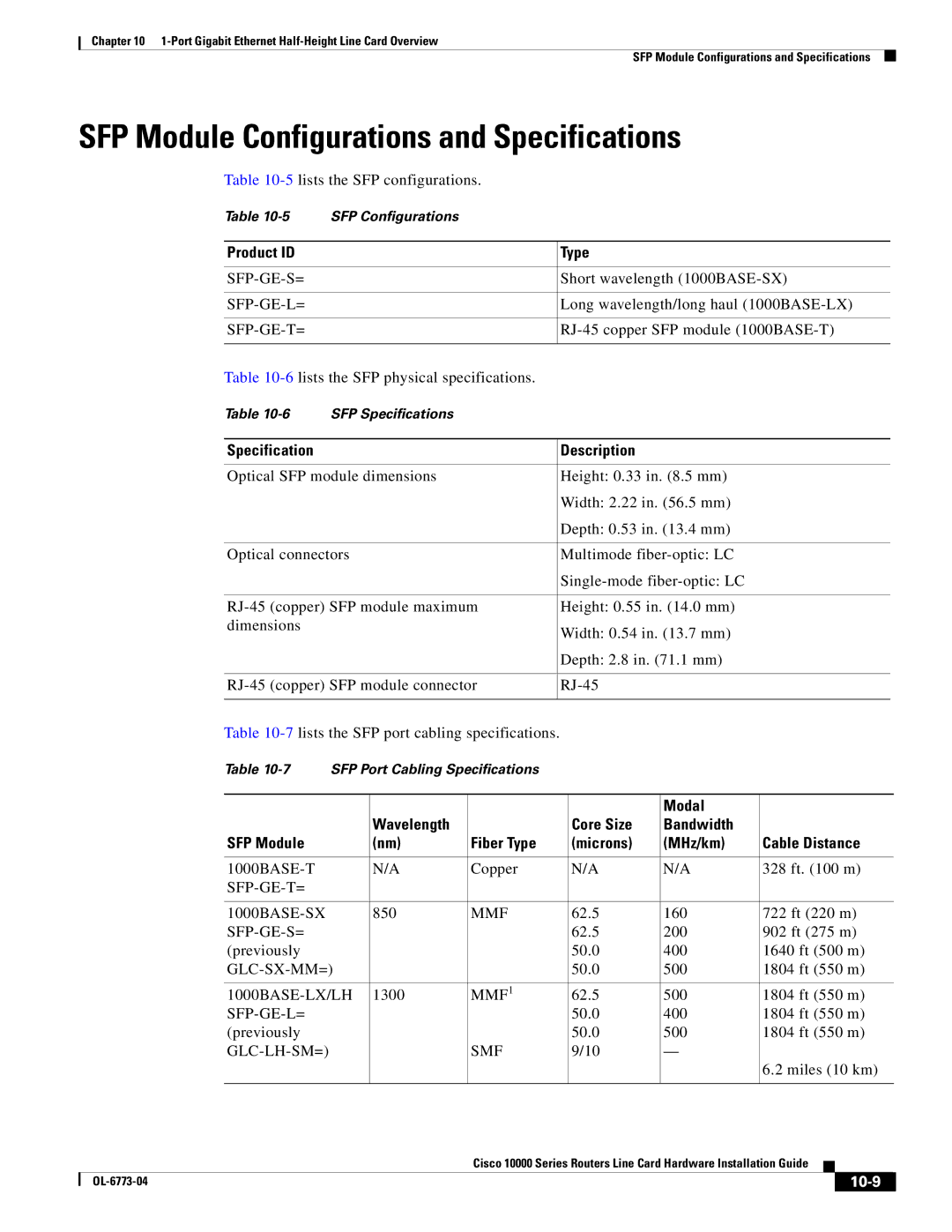 Cisco Systems 10000 Series SFP Module Configurations and Specifications, Product ID, Type, Specification Description, 10-9 