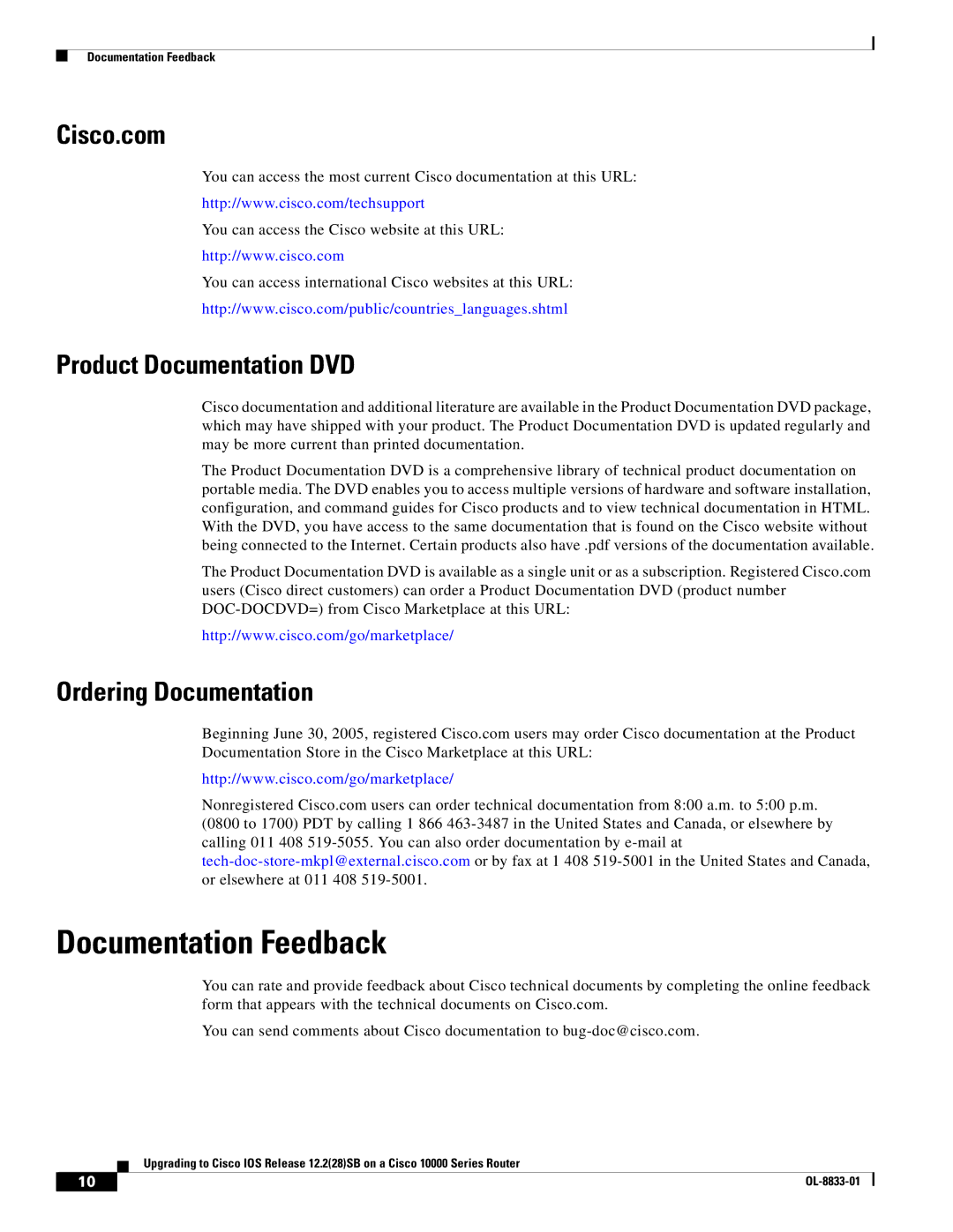 Cisco Systems 10000 Series Documentation Feedback, Cisco.com, Product Documentation DVD, Ordering Documentation 