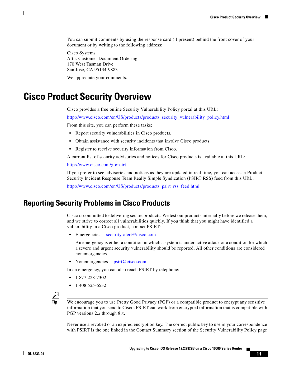 Cisco Systems 10000 Series Cisco Product Security Overview, Reporting Security Problems in Cisco Products 