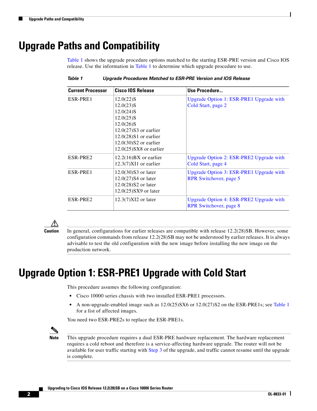 Cisco Systems 10000 Series Upgrade Paths and Compatibility, Upgrade Option 1 ESR-PRE1 Upgrade with Cold Start 