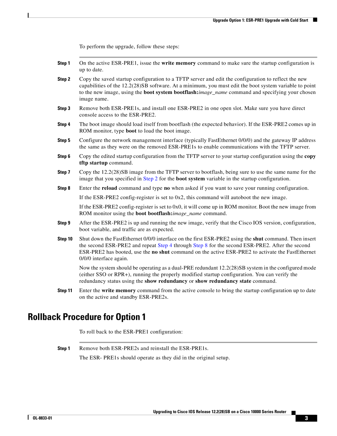 Cisco Systems 10000 Series installation instructions Rollback Procedure for Option 