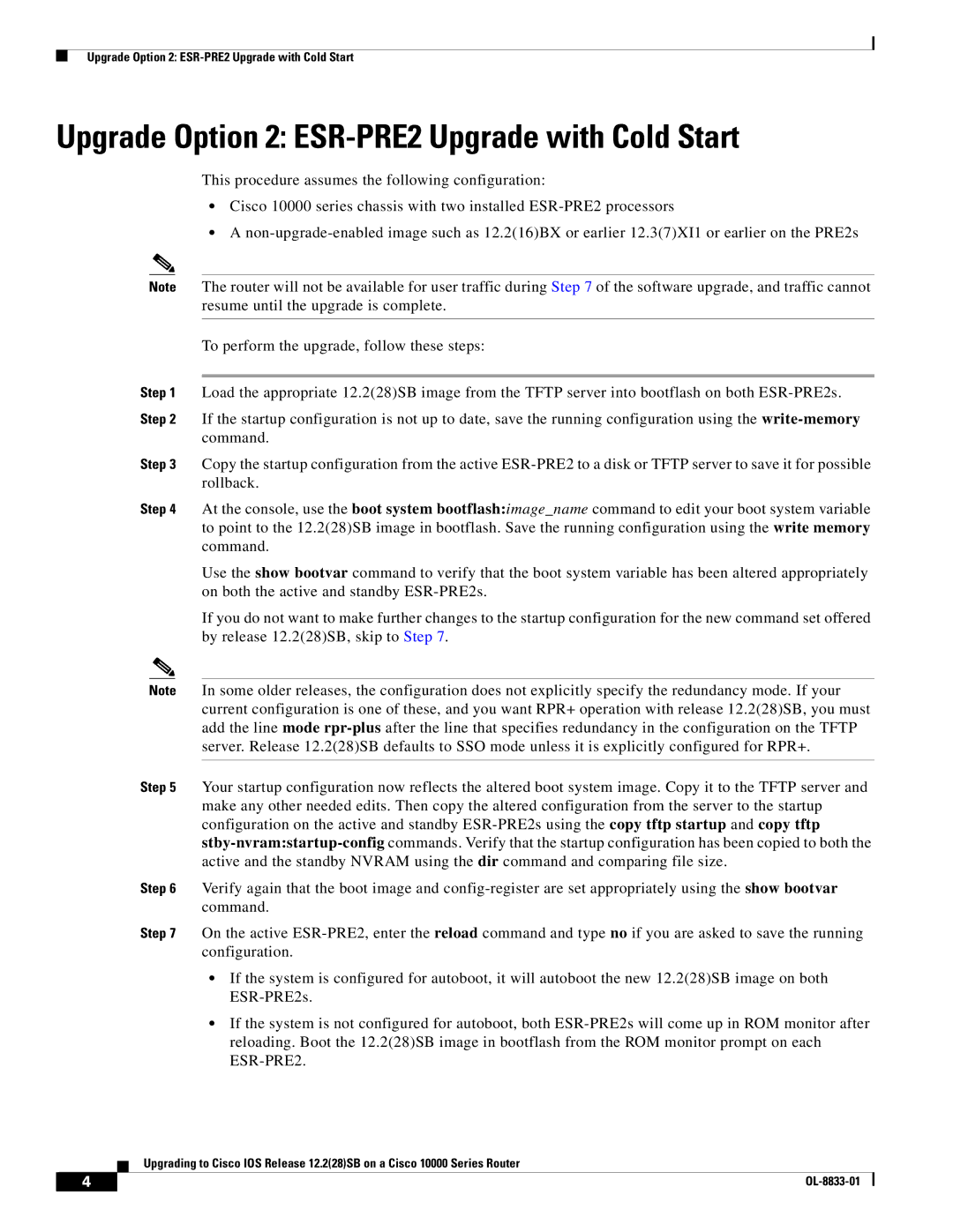 Cisco Systems 10000 Series installation instructions Upgrade Option 2 ESR-PRE2 Upgrade with Cold Start 