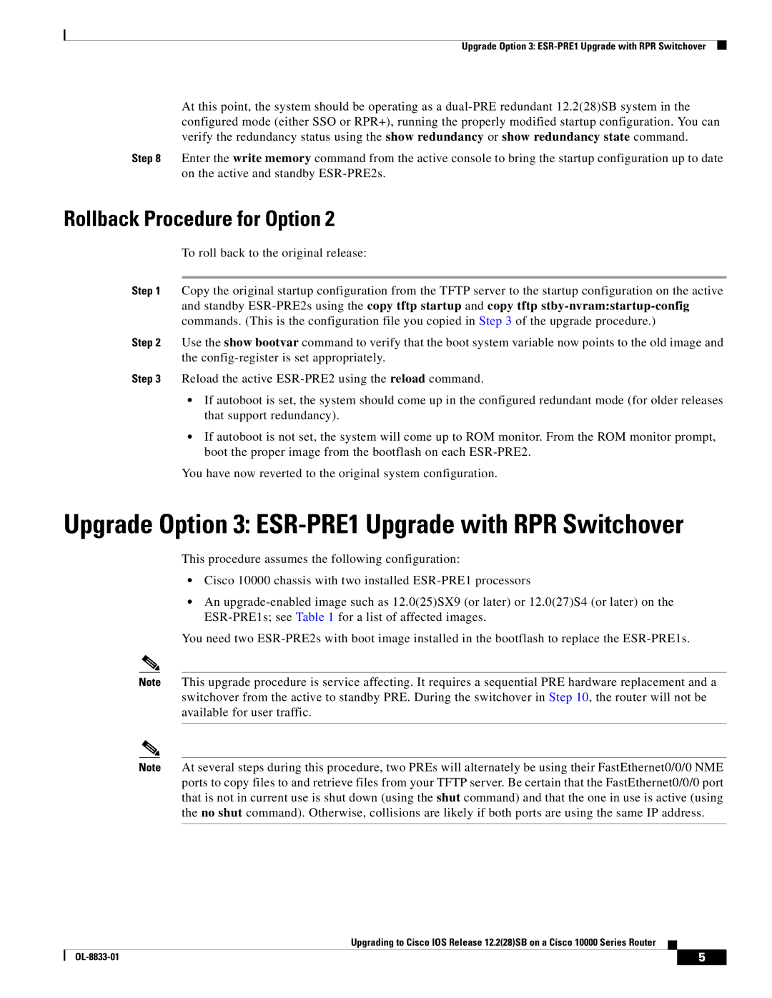 Cisco Systems 10000 Series installation instructions Upgrade Option 3 ESR-PRE1 Upgrade with RPR Switchover 