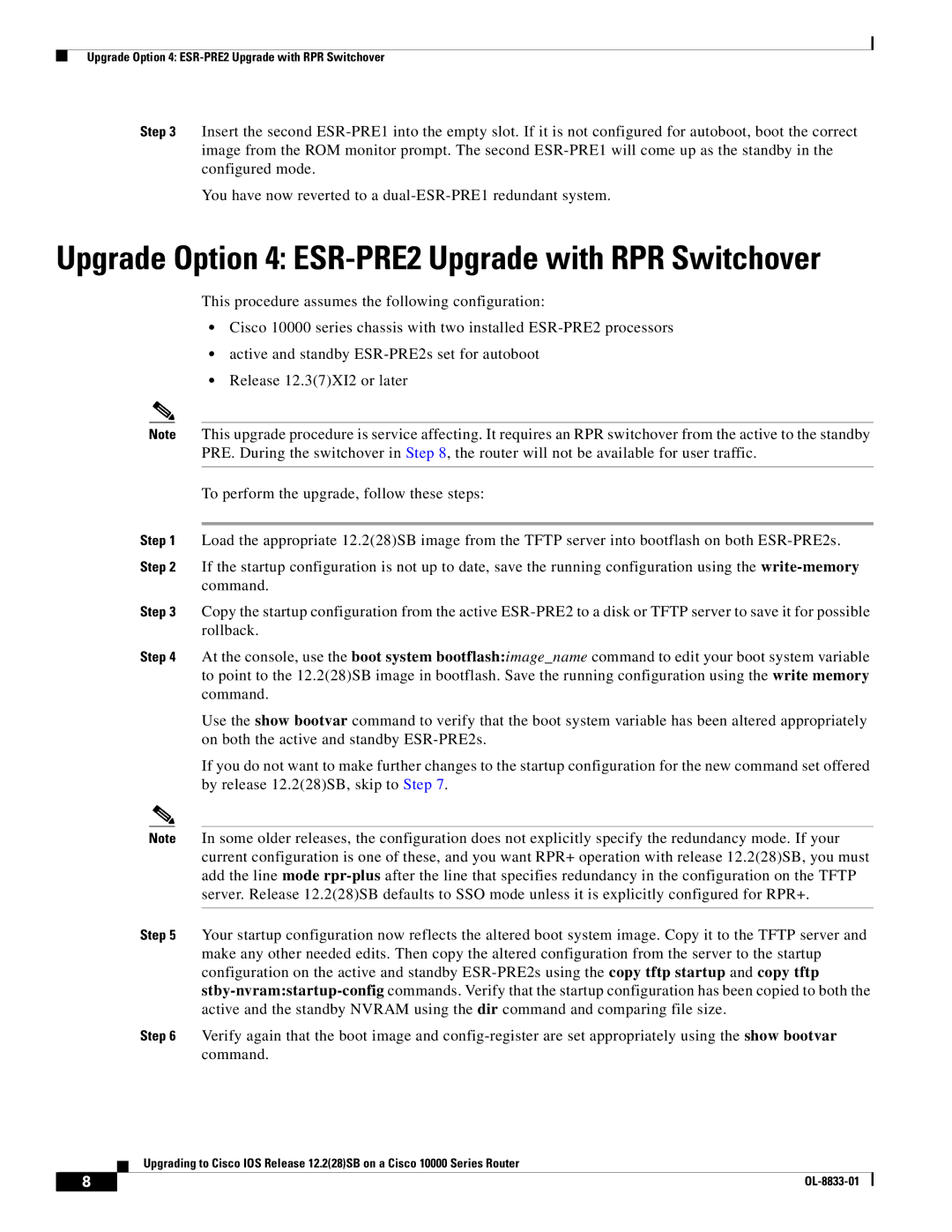 Cisco Systems 10000 Series installation instructions Upgrade Option 4 ESR-PRE2 Upgrade with RPR Switchover 