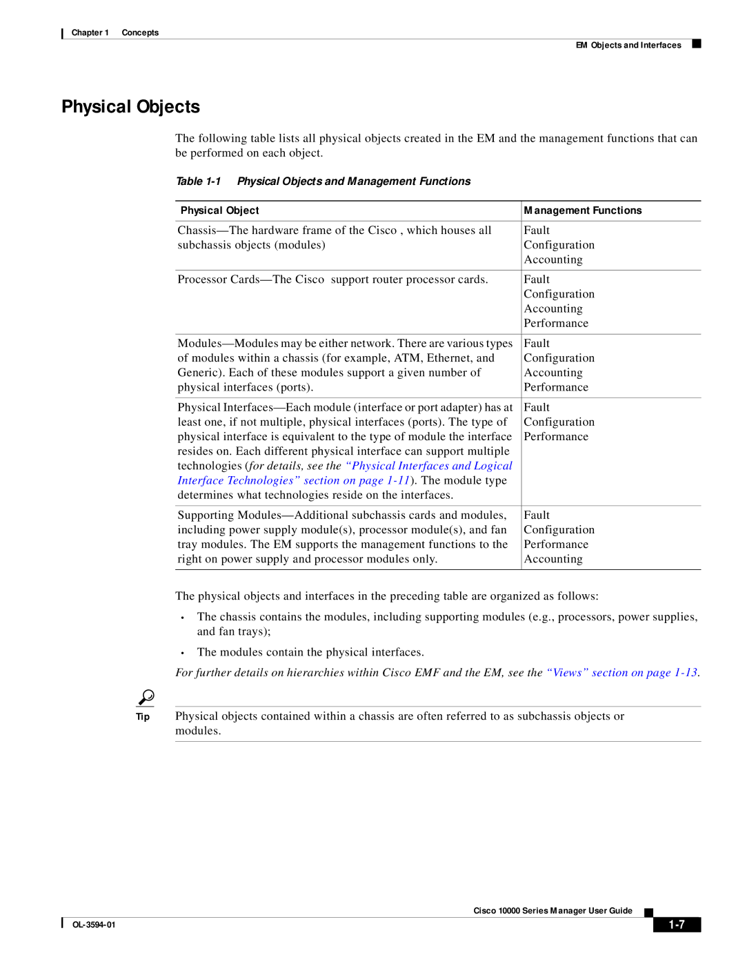 Cisco Systems 10000 manual Physical Objects, Physical Object Management Functions 