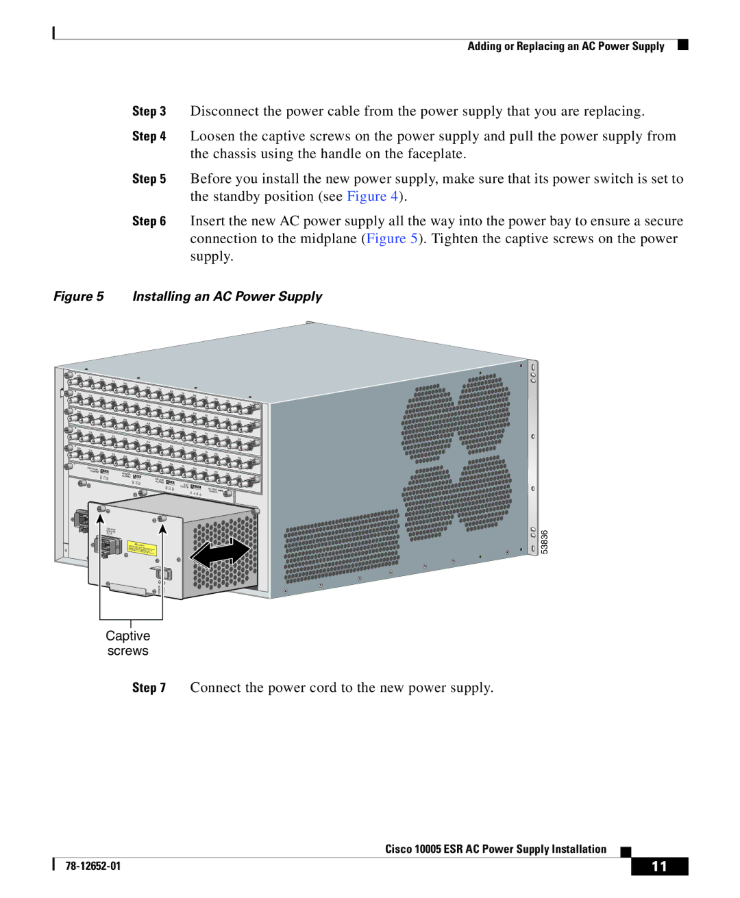 Cisco Systems 10005 manual Connect the power cord to the new power supply 