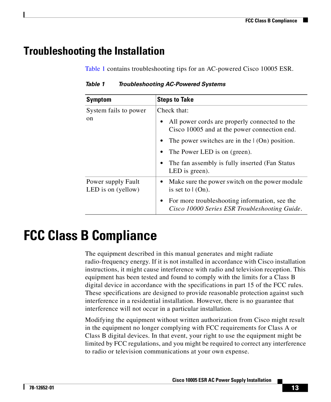 Cisco Systems 10005 manual FCC Class B Compliance, Troubleshooting the Installation 